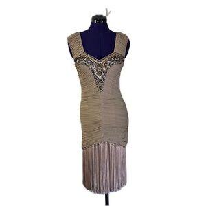 Sue Wong Beige Tan Beaded Sequins Fringe Dress